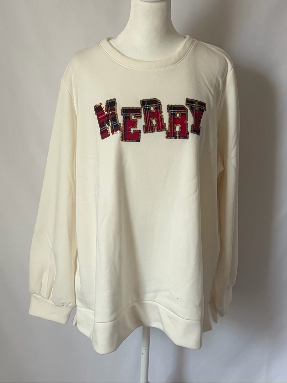 New Jingle Belles by Kim Gravel Totally Tartan Holiday Sweatshirt Cream X-Large - Picture 5 of 12